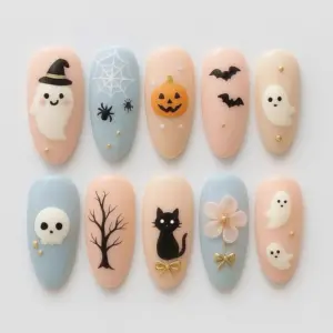 Cute Pastel Halloween Press On Nails kawaii ghost pumpkin cat bat peach blue design