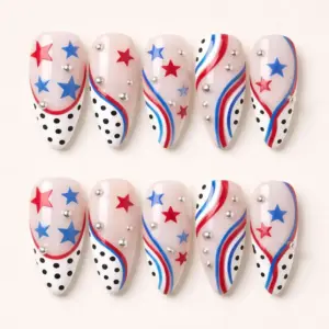 Cute blush patriotic press on nails with red blue stars black polka dots swirl stripes and silver rhinestone accents for 4th of July