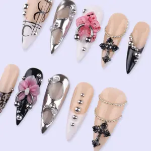 Dark Feminine Press On Nails Cross Bow Lace Fake Nails 2