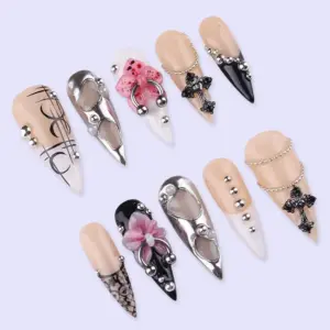 Dark Feminine Press On Nails Cross Bow Lace Fake Nails 3