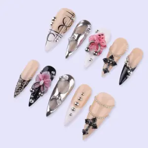 Dark Feminine Press On Nails Cross Bow Lace Fake Nails 4