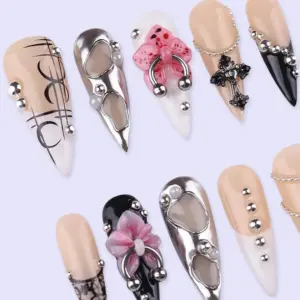 Dark Feminine Press On Nails Cross Bow Lace Fake Nails 5