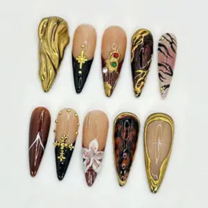 Dark Glam Press On Nails Gold Chrome Brown Fake Nails 1