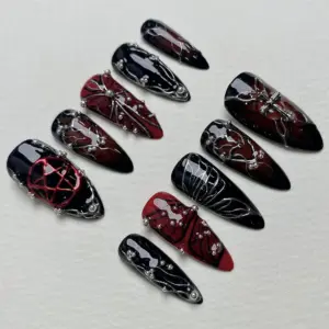 Dark Gothic Press On Nails Red Black Metal Fake Nails 1