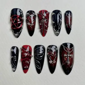 Dark gothic red black metal accent press on nails fake nails