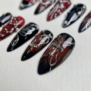 Dark Gothic Press On Nails Red Black Metal Fake Nails 4