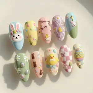 Easter press on nails set with 3D bunny, chick, floral and egg designs in pastel colors