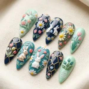 Easter Bunny 3D Press On Nails Floral Garden Fake