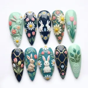 Easter press on nails with 3D bunnies, daisies, tulips and gold honeycomb on navy teal and sage green