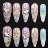 Easter press on nails with cartoon dog in bunny ears and bird friend, floral garden, pastel Easter eggs scatter and gingham bow on rose beige lilac and mint green bases