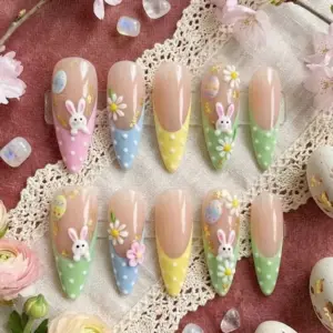 Easter French Tip Press On Nails 3D Bunny Pastel Fake Nails 2