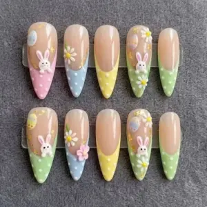 Easter French tip press on nails with 3D white bunnies, daisies, polka dots and pastel pink blue yellow green tips on sheer base