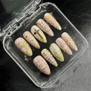 Easter Gold Line Press On Nails Pink Bunny Cross Fake Nails 1