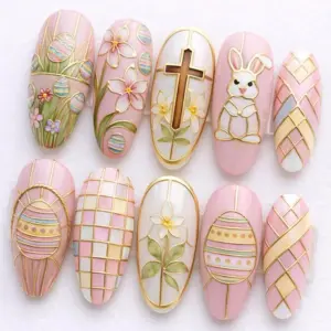 Easter Gold Line Press On Nails Pink Bunny Cross Fake Nails 2