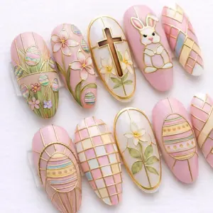 Easter Gold Line Press On Nails Pink Bunny Cross Fake Nails 3