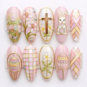 Easter press on nails with gold stained glass line art featuring bunny, cross, narcissus flowers, Easter eggs and argyle pattern on pink and pearl white bases
