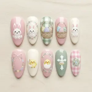 Easter Press On Nails 3D Bunny Chick Cross Gingham Fake Nails 1