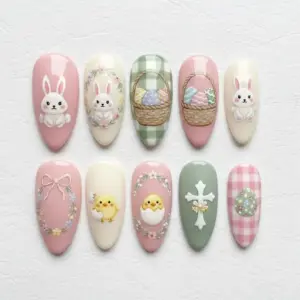 Easter press on nails with 3D white bunnies, woven egg baskets, hatching chicks, floral wreaths, white cross charm and gingham pattern on pink cream and sage green bases