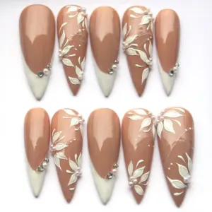 Elegant floral bridal french tip press on nails white fake nails wedding