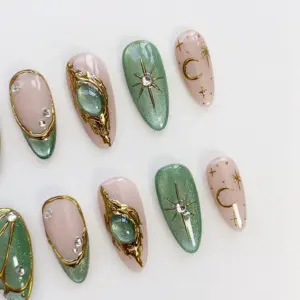 Emerald Gold Press On Nails 3D Gem Star Moon 2