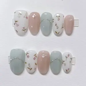 Floral Bow Press On Nails | Pastel Pink Mint Fake Nails | ST045