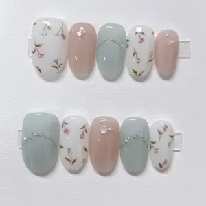 Floral Bow Press On Nails Pastel Pink Mint Fake Nails 3