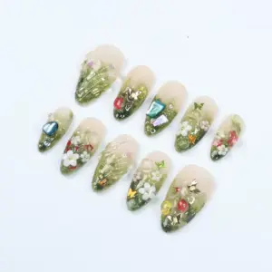 Forest 3D Flower Press On Nails Green Ombr