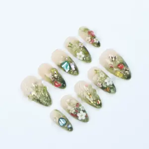 Forest 3D Flower Press On Nails Green Ombr 1