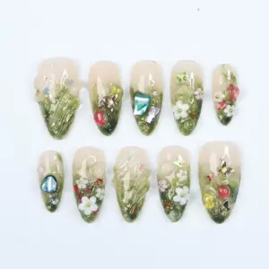 Forest 3D flower green ombre gem handmade press on nails fake nails almond