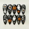 Ghost Daisy Pumpkin Floral Press On Nails black white orange Halloween botanical design
