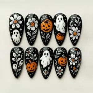 Ghost Daisy Pumpkin Floral Press On Nails black white orange Halloween botanical design