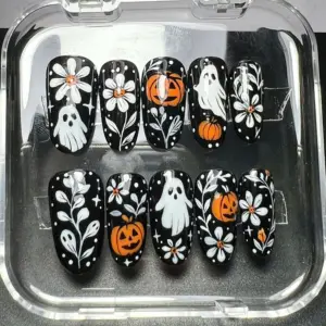Ghost Daisy Pumpkin Press On Nails Floral Halloween Fake Na 3