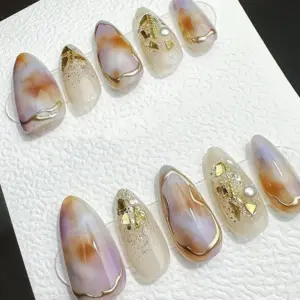 Gilded rose quartz reusable handmade gel press on nails fake nails pink gold