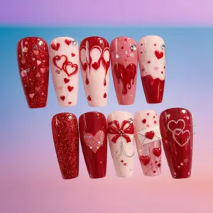 Luxury Valentine's Day press on nails with glitter, 3D bow, heart drip, love letter charm and rhinestone details in red and pink