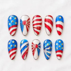 Luxury stained glass American flag press on nails with gold foil outlines red white blue swirls and gold star charms for 4th of July