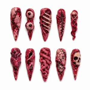 Gore Horror 3D Press On Nails bloody skull eyeball bones stitches Halloween extreme