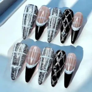 Gothic black and silver glitter press on nails with 3D star and web design
