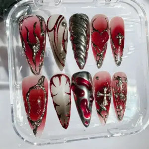 Gothic red and silver press on nails with 3D cross charms thorn wire art chrome swirl and blood red heart motif