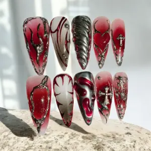 Gothic Red Cross Press On Nails Dark Vampire Fake Nails 4