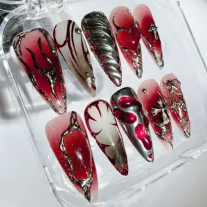 Gothic Red Cross Press On Nails Dark Vampire Fake Nails 5