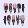 Gothic Rose Chain Press On Nails black red rhinestone silver 3D luxury dark feminine
