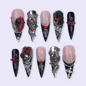 Gothic Rose Chain Press On Nails black red rhinestone silver 3D luxury dark feminine