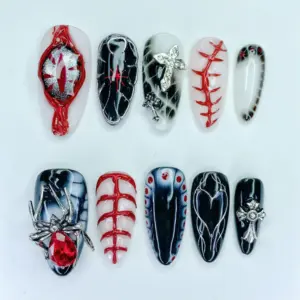 Gothic horror press on nails with 3D silver spider red gem stitching eye motif and cross charms on black white base