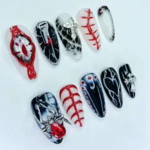 Gothic Spider Press On Nails Horror Red Black Fake Nails 2