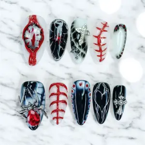 Gothic Spider Press On Nails Horror Red Black Fake Nails 3