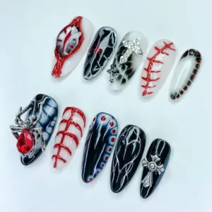 Gothic Spider Press On Nails Horror Red Black Fake Nails 5