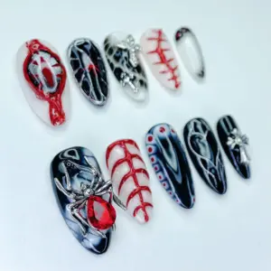 Gothic Spider Press On Nails Horror Red Black Fake Nails 6