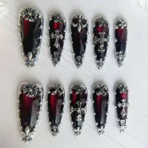 Gothic wine red silver cross chrome handmade press on nails fake nails punk Y2K