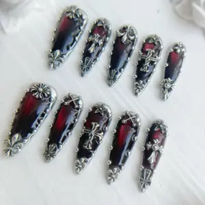 Gothic Wine Red Press On Nails Silver Cross Chrome Fake Nail 1