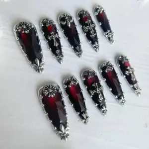 Gothic Wine Red Press On Nails Silver Cross Chrome Fake Nail 3